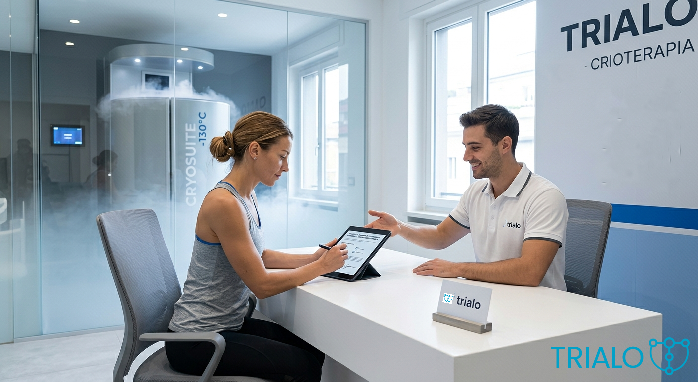 Cliente che compila la scheda di anamnesi e il consenso per la crioterapia su tablet alla reception