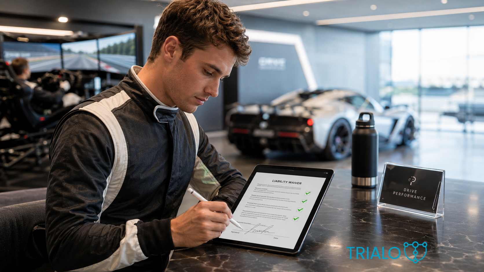 Pilota che firma lo scarico di responsabilità digitale su tablet nel box o al desk di un circuito