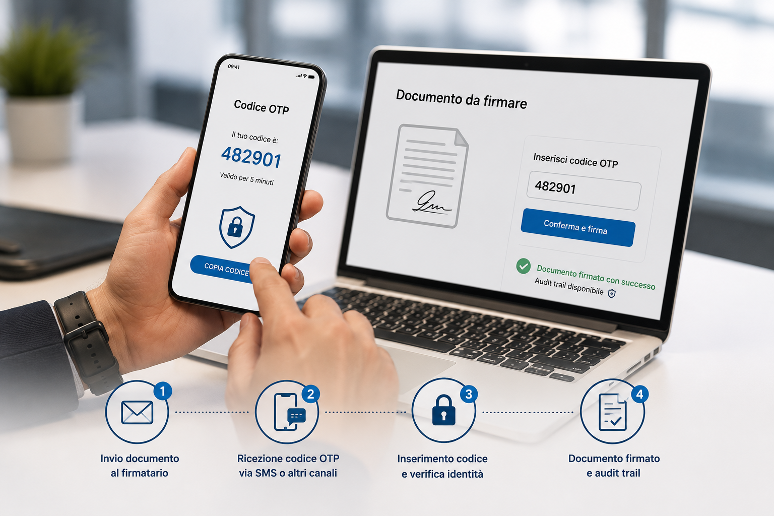 Persona che firma un documento online tramite codice OTP su smartphone con verifica su computer.