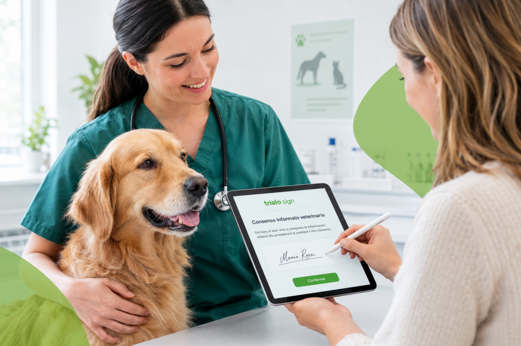 Proprietaria di un cane firma il consenso informato digitale su tablet in una clinica veterinaria